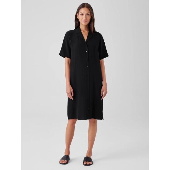 NEW Eileen Fisher Silk Georgette Crepe Notch Collar Dress in Black Size Medium - Picture 3 of 8
